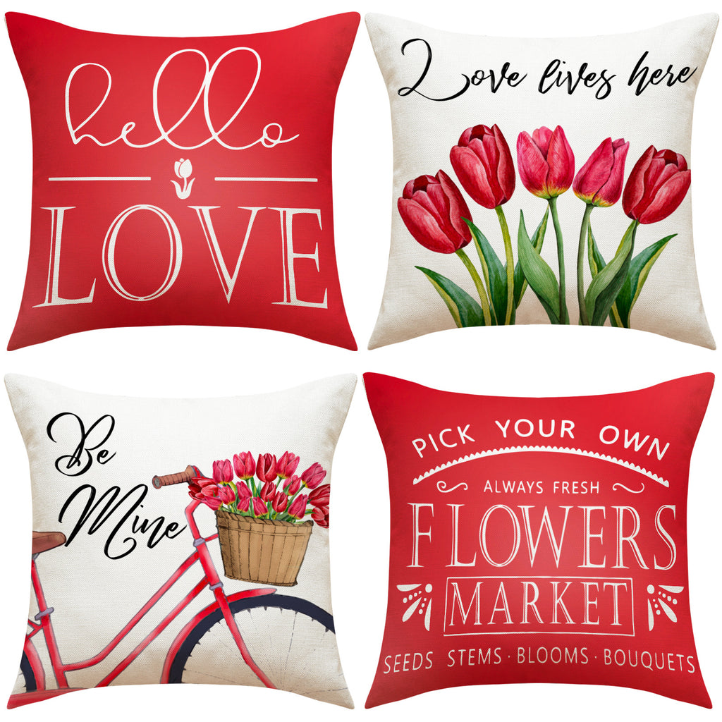 Valentine Tulip Print Linen Pillow Covers Spring Gift Decor