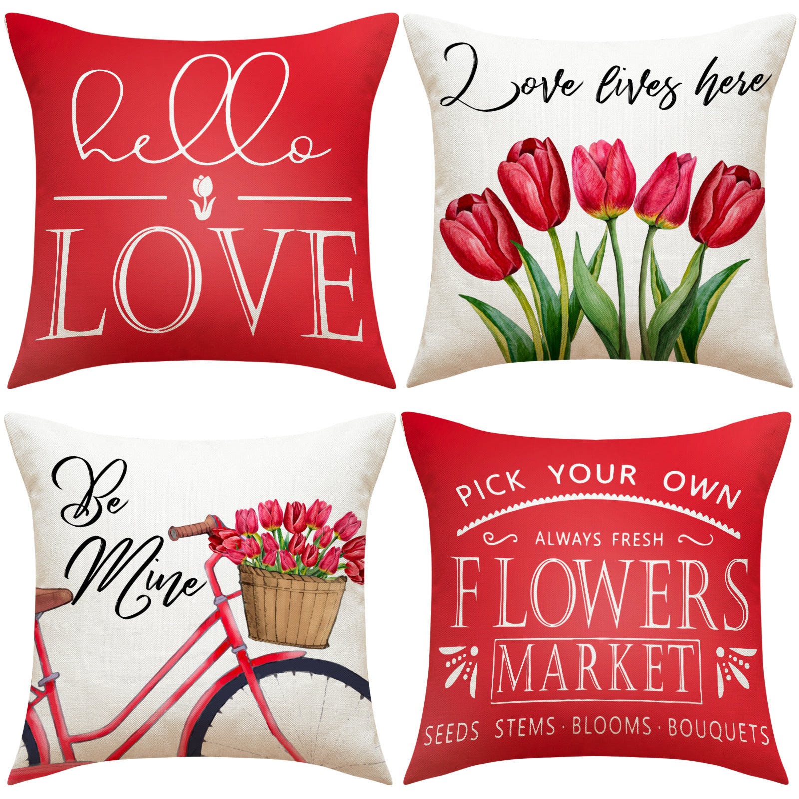 Valentine Tulip Print Linen Pillow Covers Spring Gift Decor