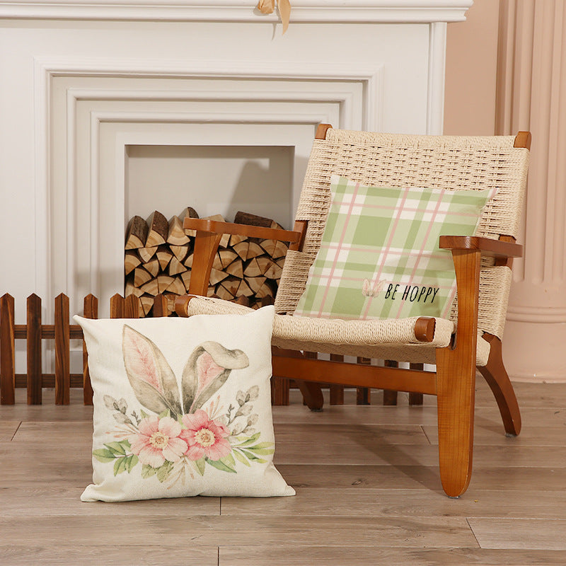 Easter Bunny Floral Linen Throw Pillow Cover 18x18