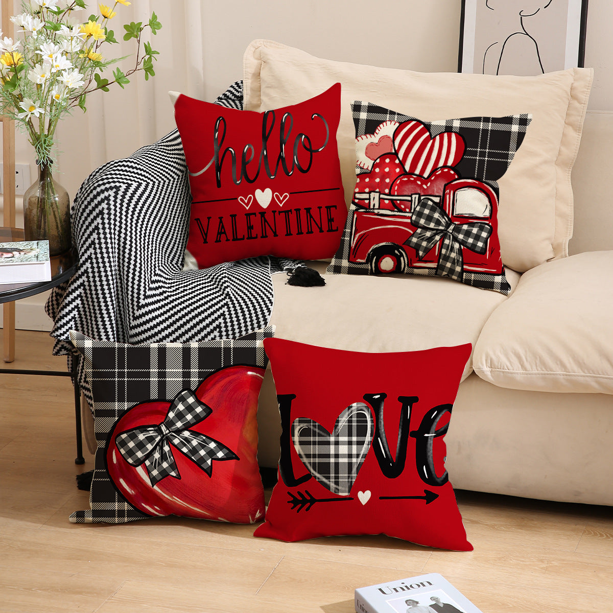 Valentine Plaid Heart Truck Pillow Covers Love Decor Set