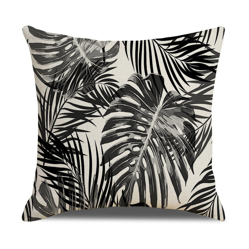 Modern Black White Linen Throw Pillow Cover Botanical Leaf
