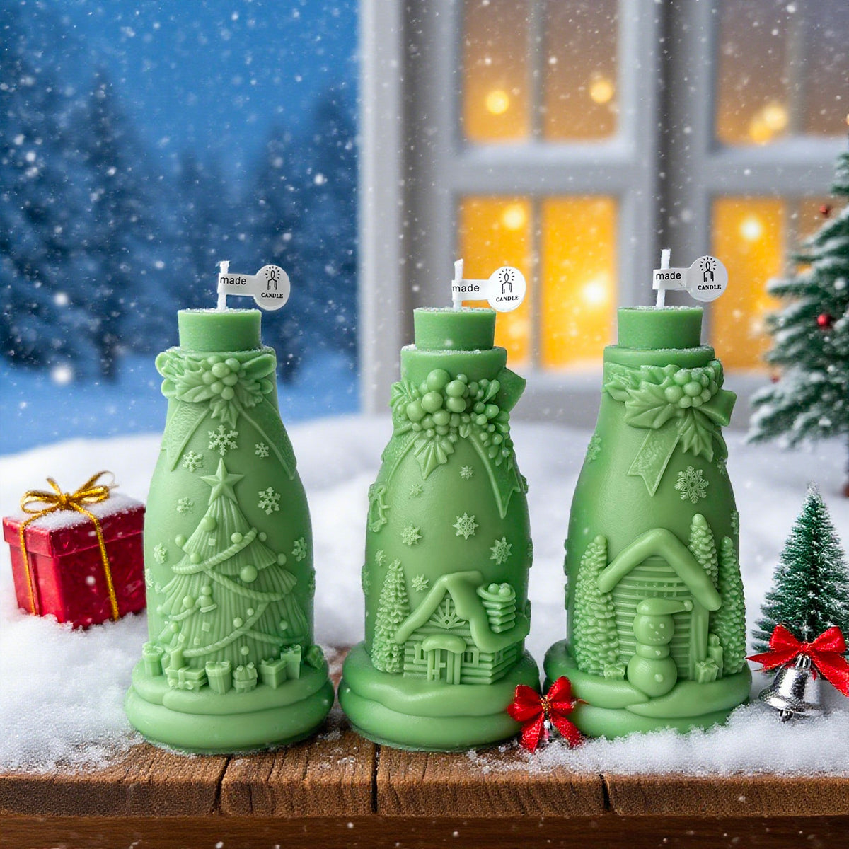 Christmas Bottle Candle Holiday Decor 3D Embossed Tabletop Accent