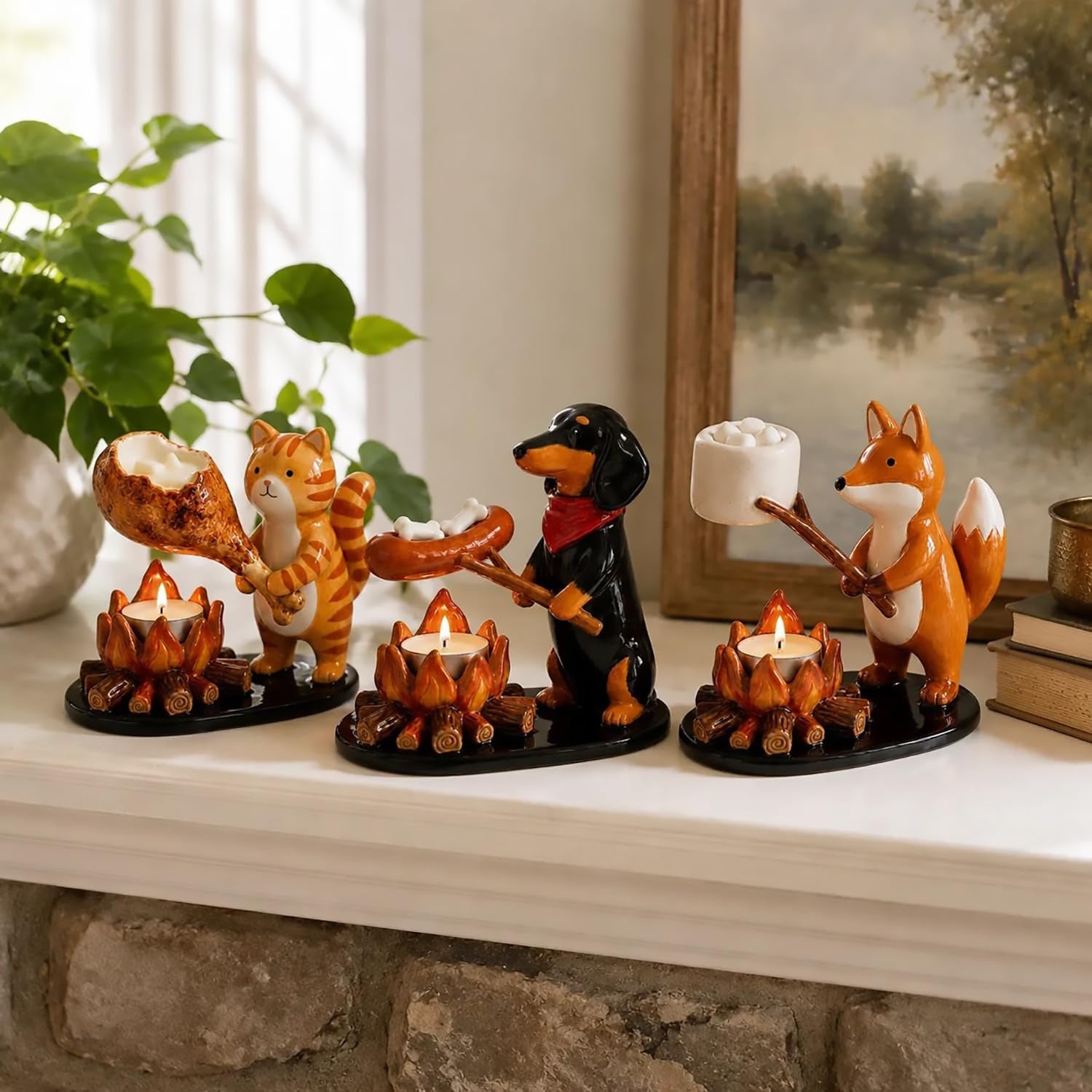 Cute Campfire Animal Tea Light Holder Resin Home Decor