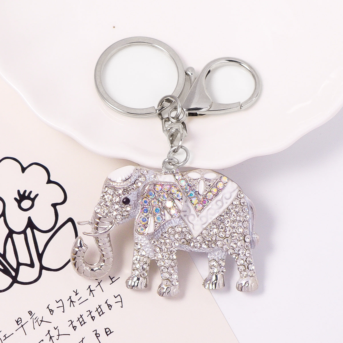 Crystal Elephant Keychain Sparkling Charm with Metal Ring