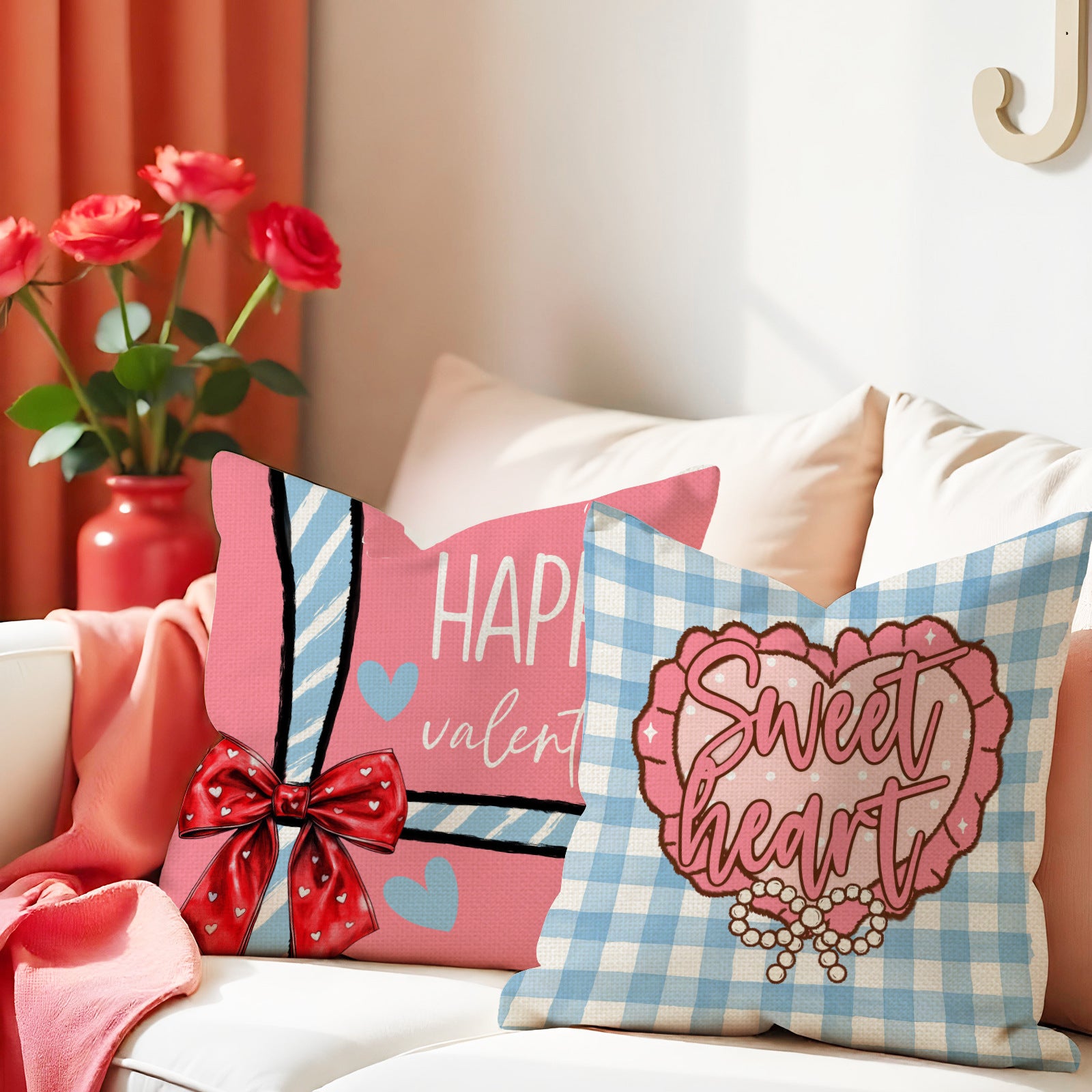 Sweetheart Pink Gingham Valentine Cushion Cover Set Decor