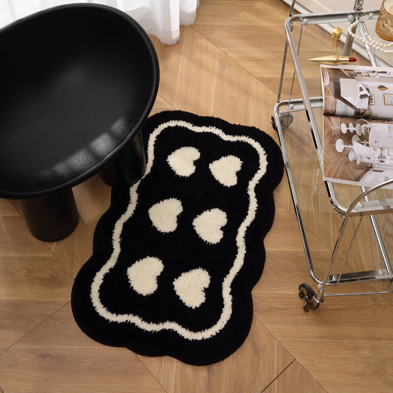 Black and White Heart Pattern Plush Anti-Slip Accent Rug