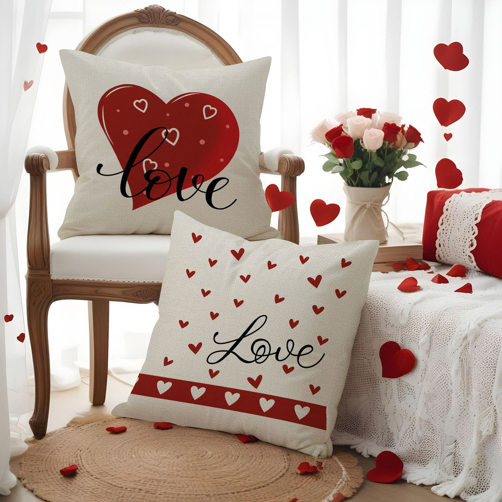 Red Valentine Heart Print Pillow Cover Set for Home Décor