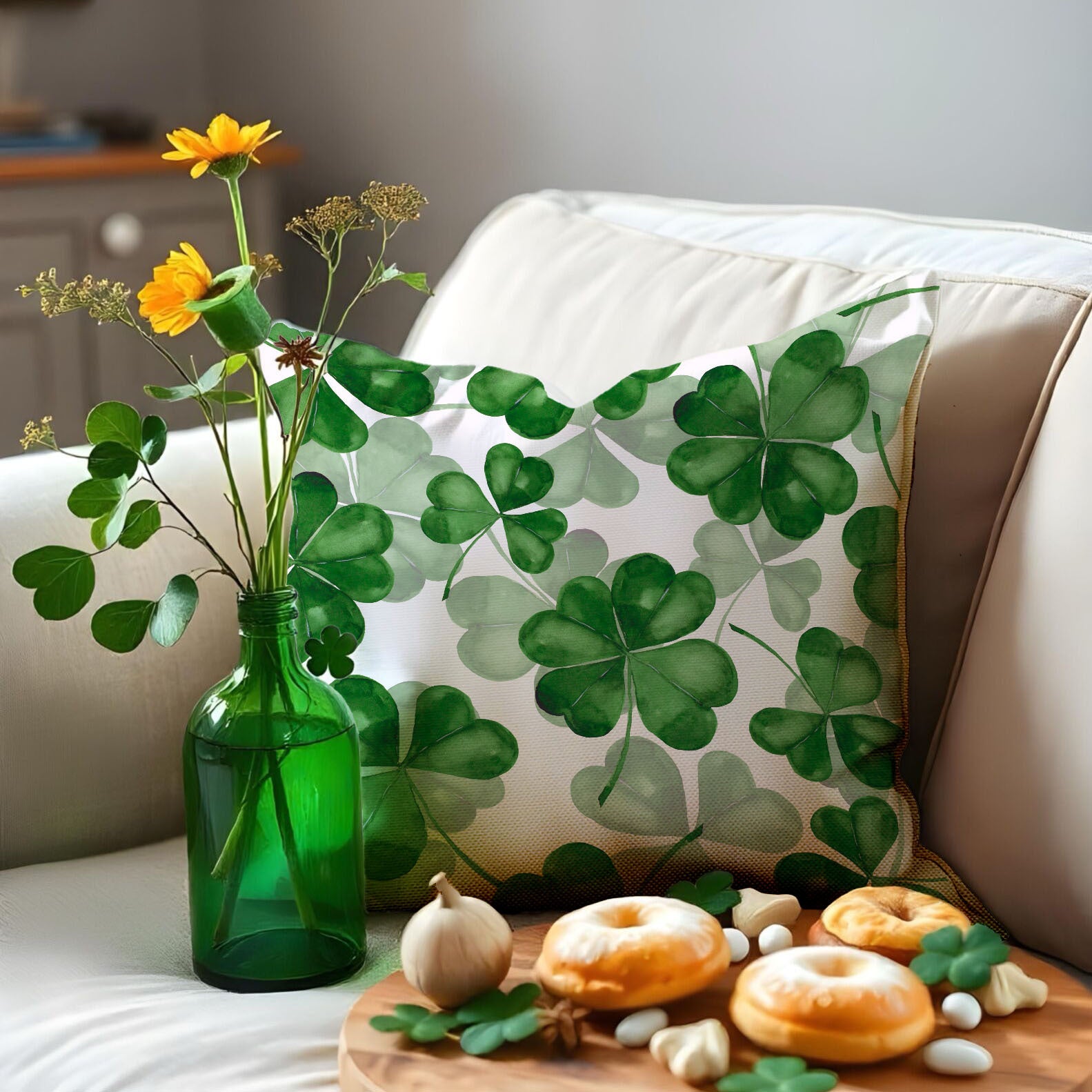 St. Patrick’s Day Clover Linen Throw Pillow Cover 18x18