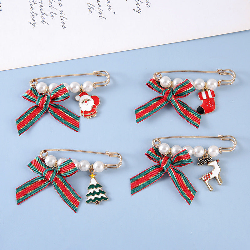 Christmas Pearl Safety Pin Brooch Holiday Jewelry