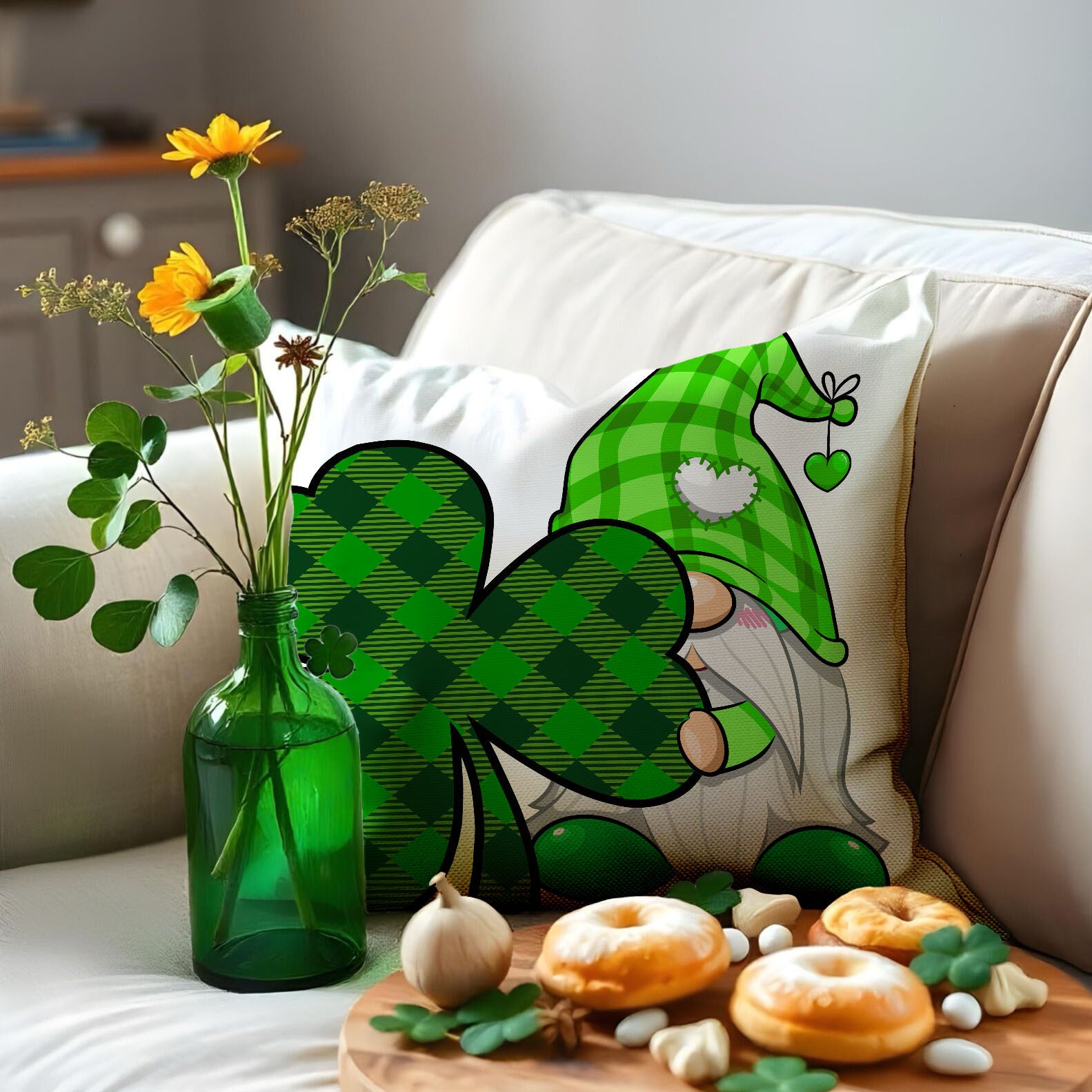 St Patrick’s Day Linen Square Throw Pillow Cover Shamrock