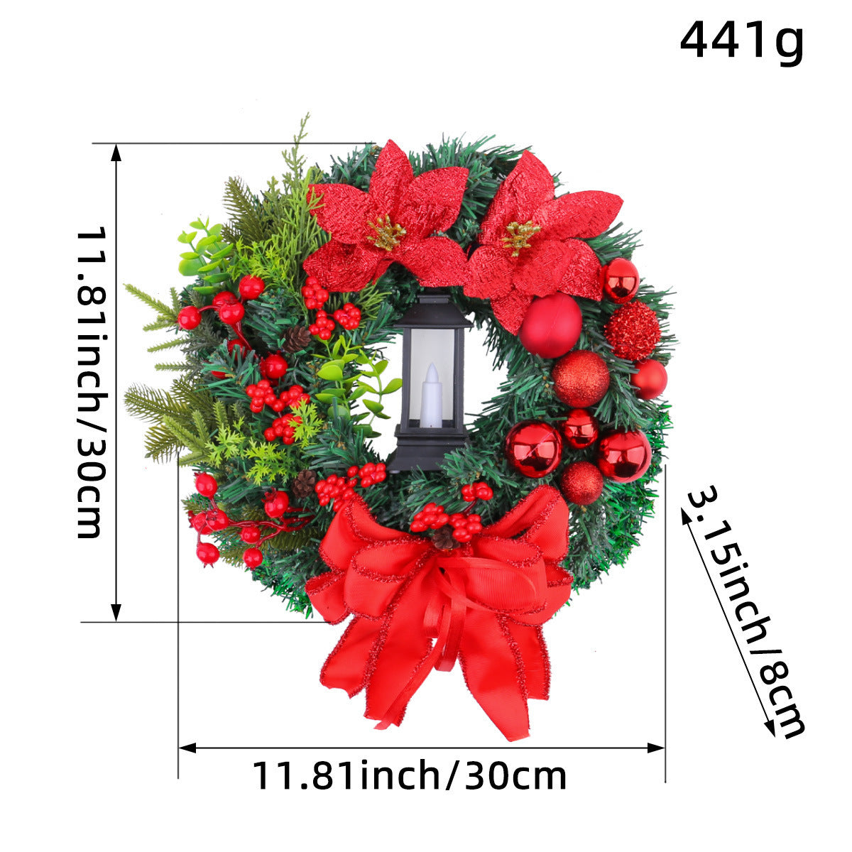 Christmas Wreath with Red Bow and Ornaments Door Decor