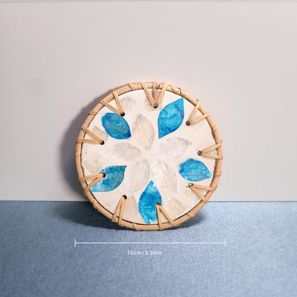 Shell Mosaic Drink Coaster Round Woven Rattan Cup Mat