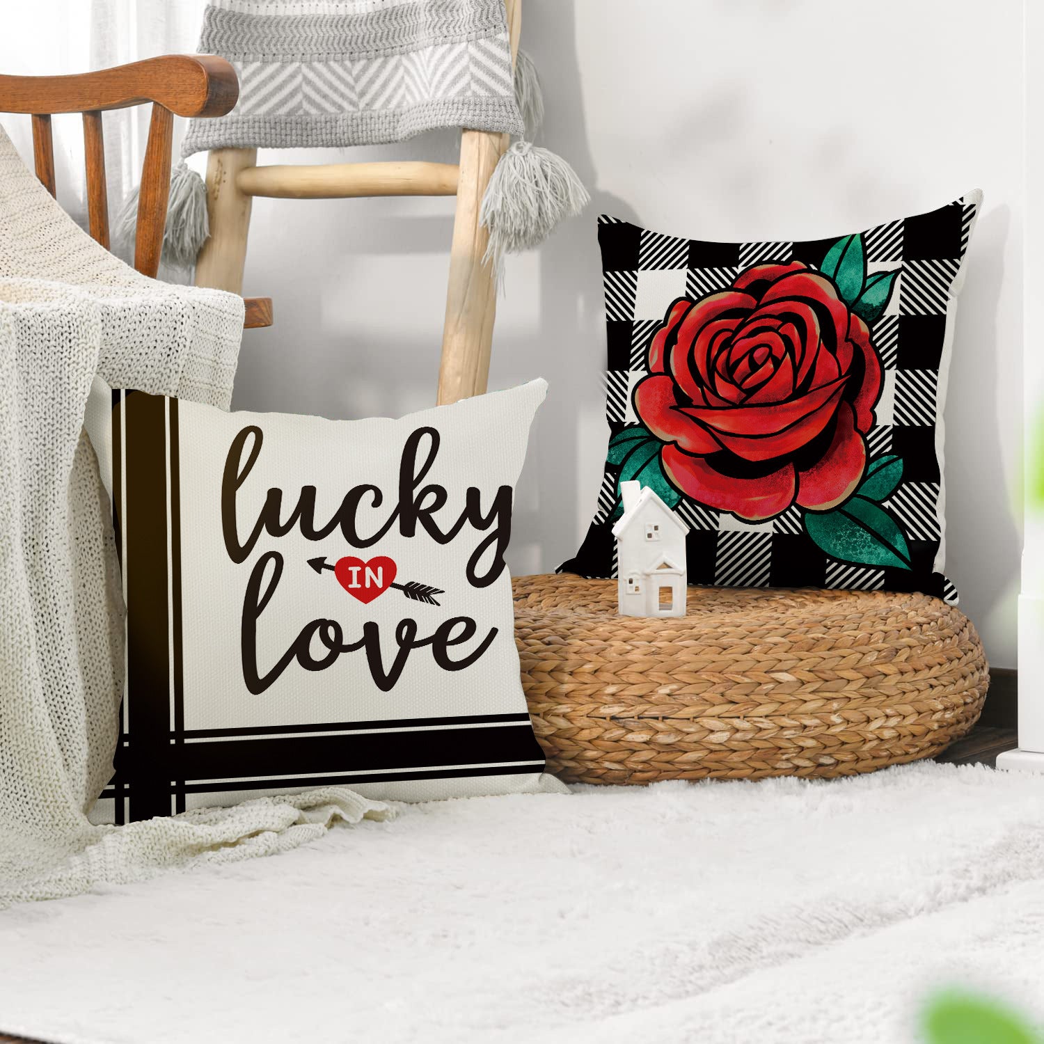 Valentine Love Pillow Covers Red Heart Plaid Home Decor
