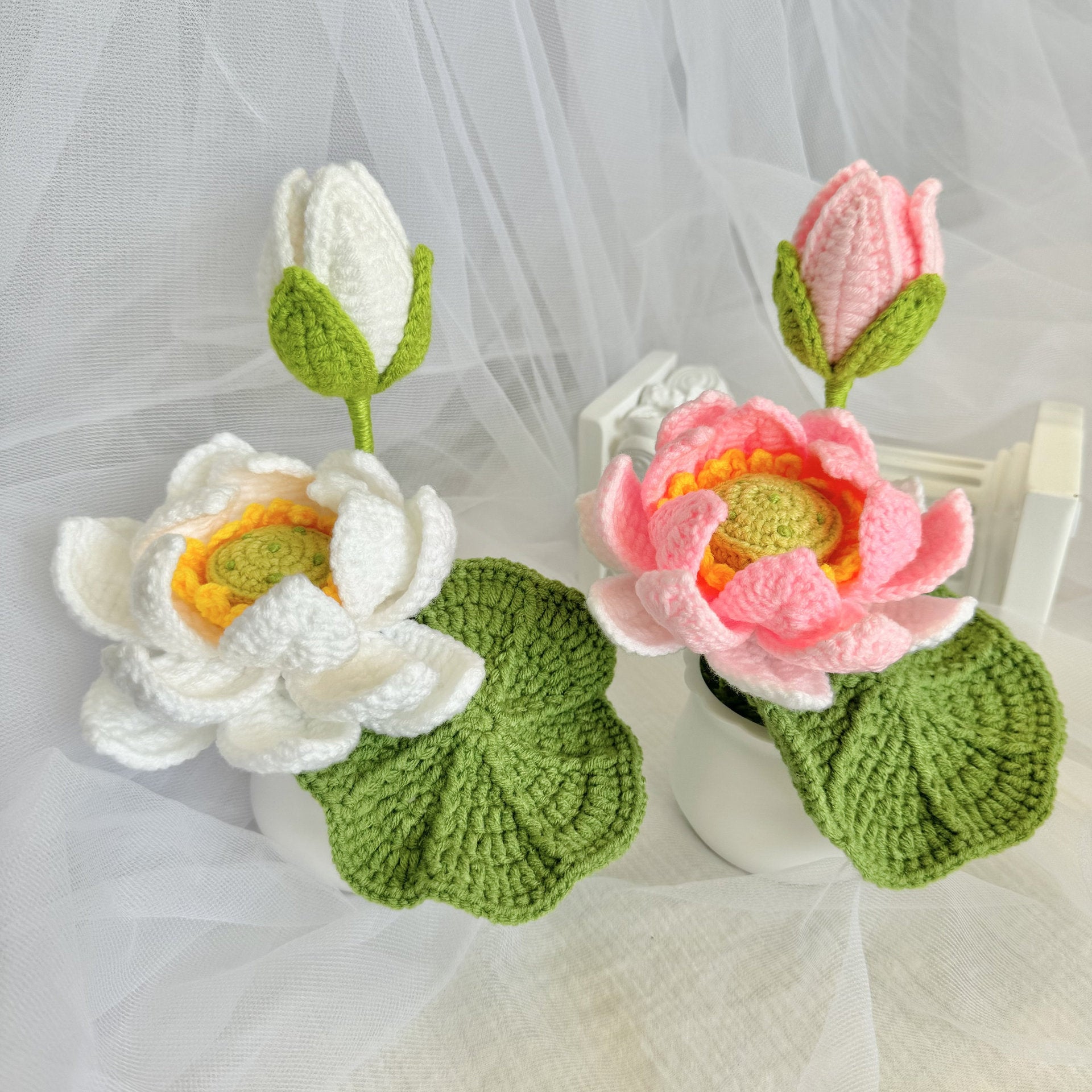 Crochet Lotus Flower Potted Plant Handmade Table Decor