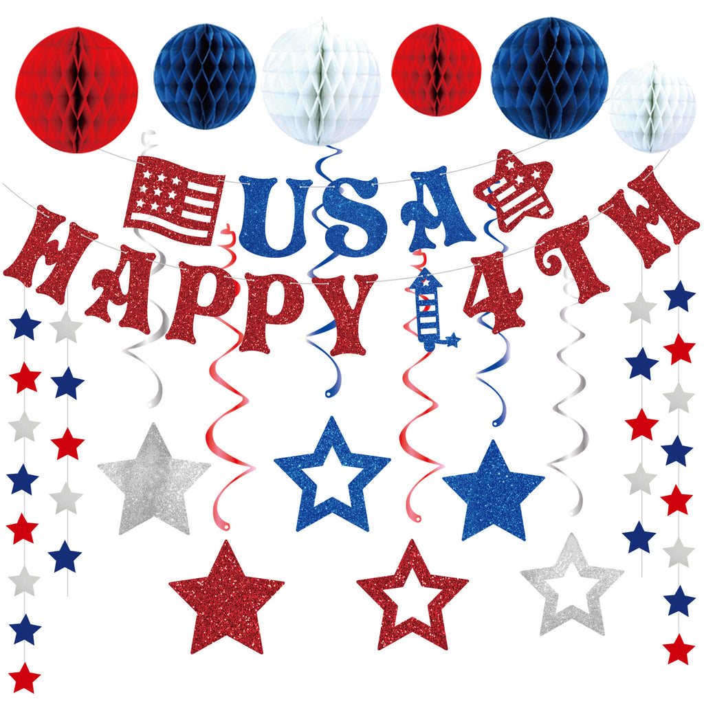 Fourth of July Party Decoration Set USA Banner Balloons Decor