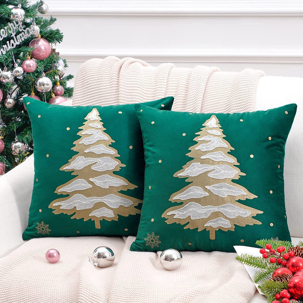 Christmas Reindeer Pillow Cover Gold Foil Tree 18x18 in