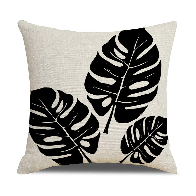 Modern Black White Linen Throw Pillow Cover Botanical Leaf