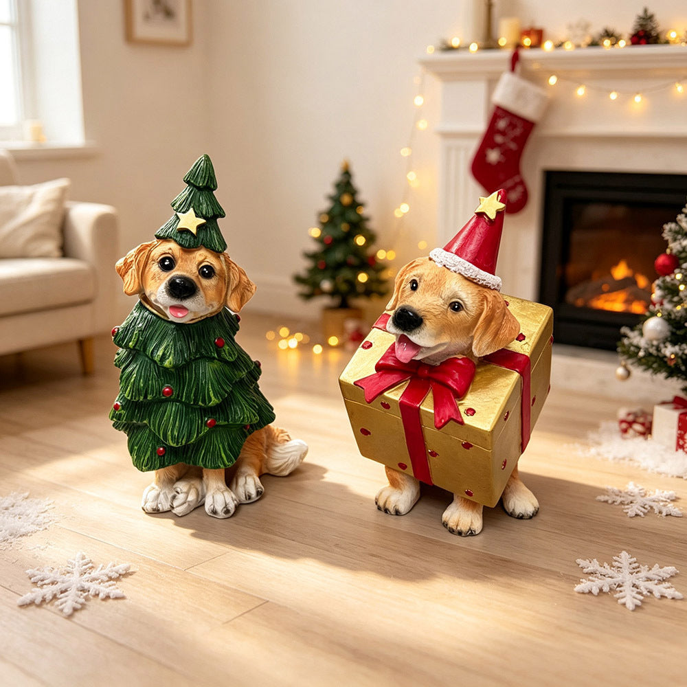 Cute Resin Christmas Dog Figurines Golden Retriever Holiday Decor