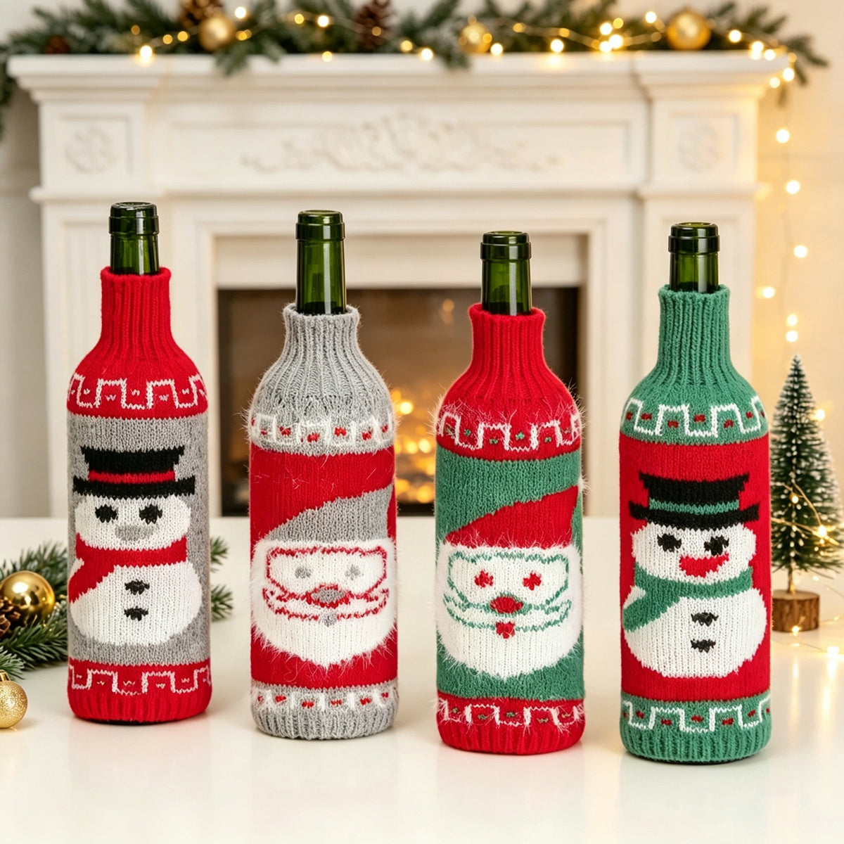Christmas Wine Bottle Sweater Covers Santa Snowman Decor