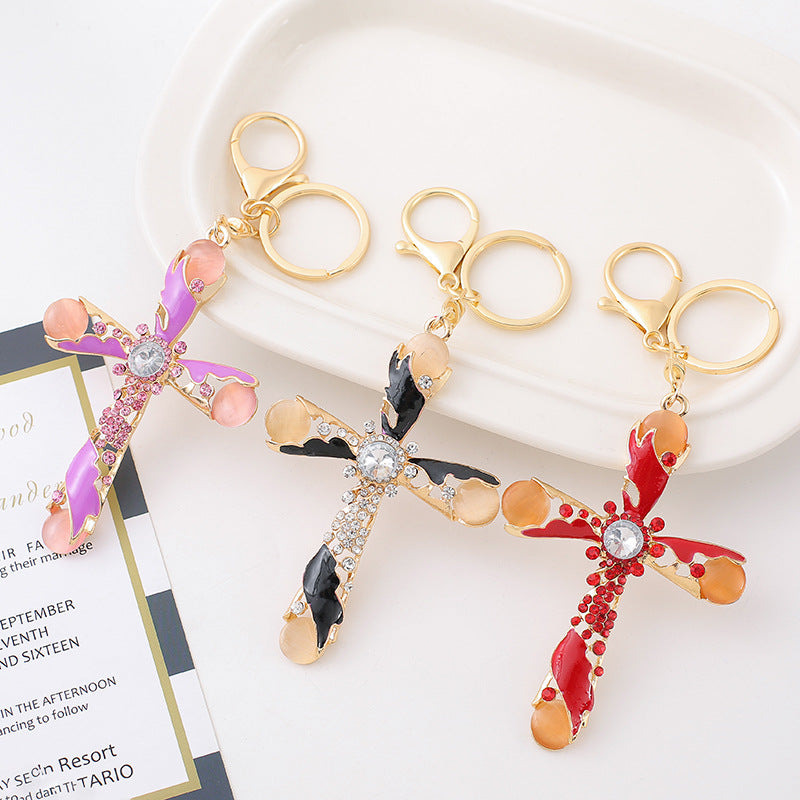 Rhinestone Cross Keychain Metal Bag Charm Car Key Accessory