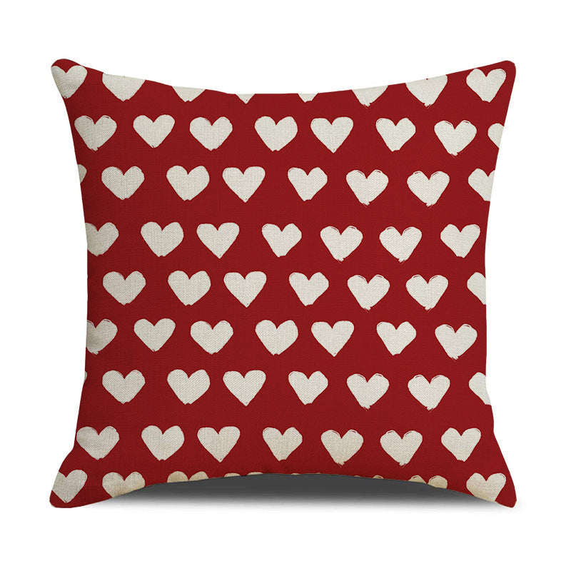 Valentine Heart Print Linen Pillow Cover Set for Sofa Decor