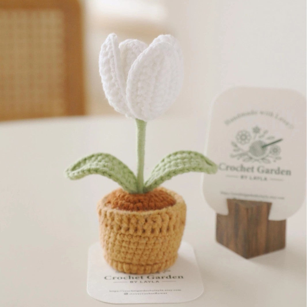 Crochet Tulip in Pot Handmade Mini Flower Decorative Accent