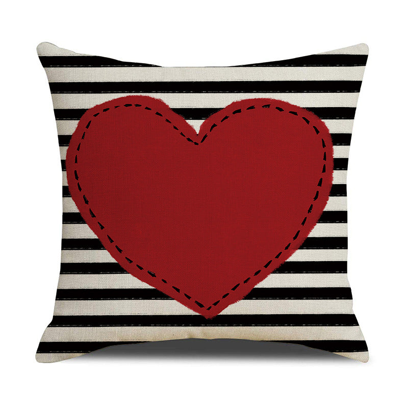 Valentine Heart Print Linen Pillow Cover Set for Sofa Decor