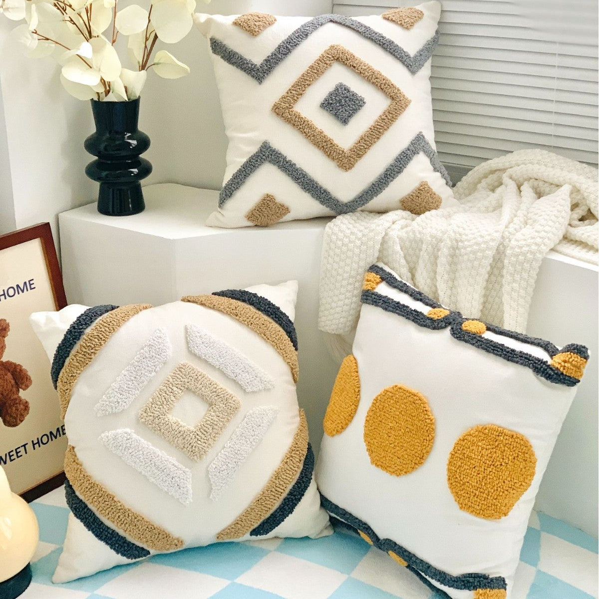 Boho Tufted Embroidered Decorative Throw Pillow for Couch