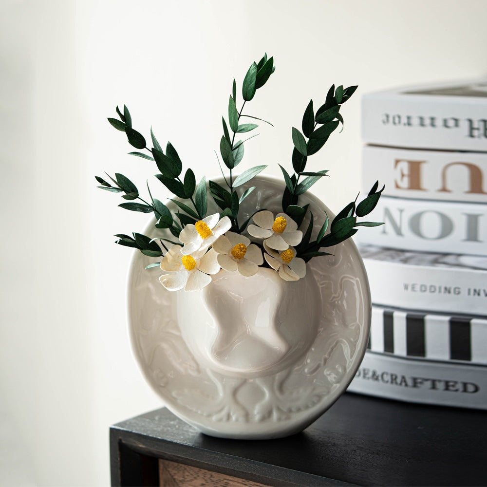 Cowboy Hat Face Ceramic Vase Decorative Flower Arrangement