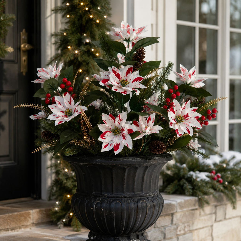 Artificial Poinsettia Christmas Flower Arrangement with Pine Berry Accents