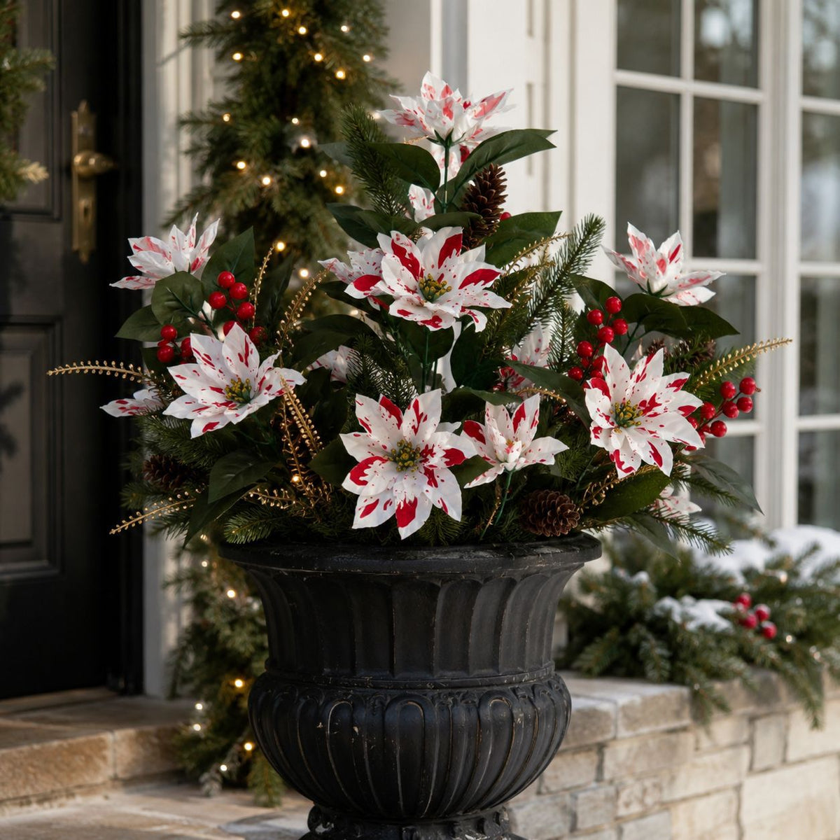 Artificial Poinsettia Christmas Flower Arrangement with Pine Berry Accents