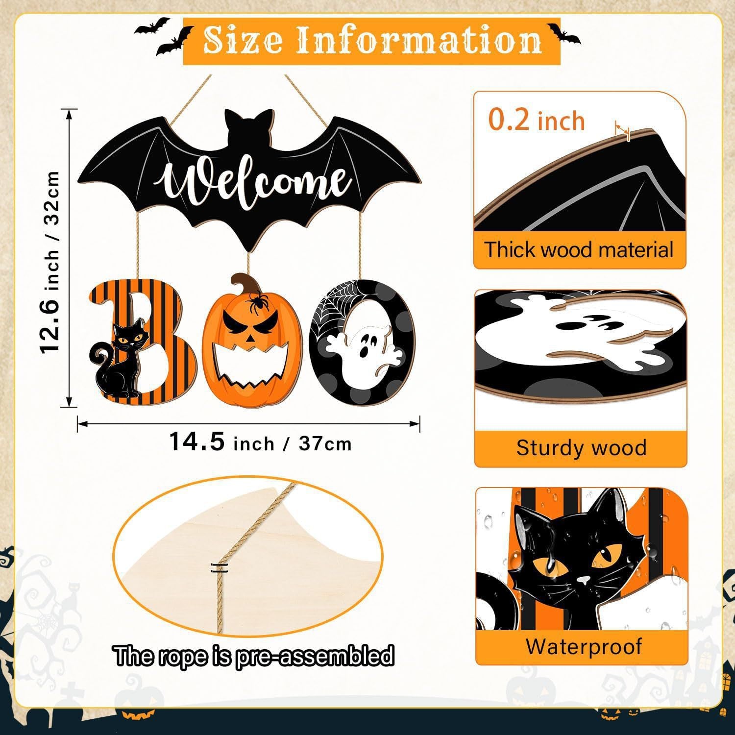 Halloween Bat Pumpkin Ghost Wooden Hanging Door Sign Welcome Decor