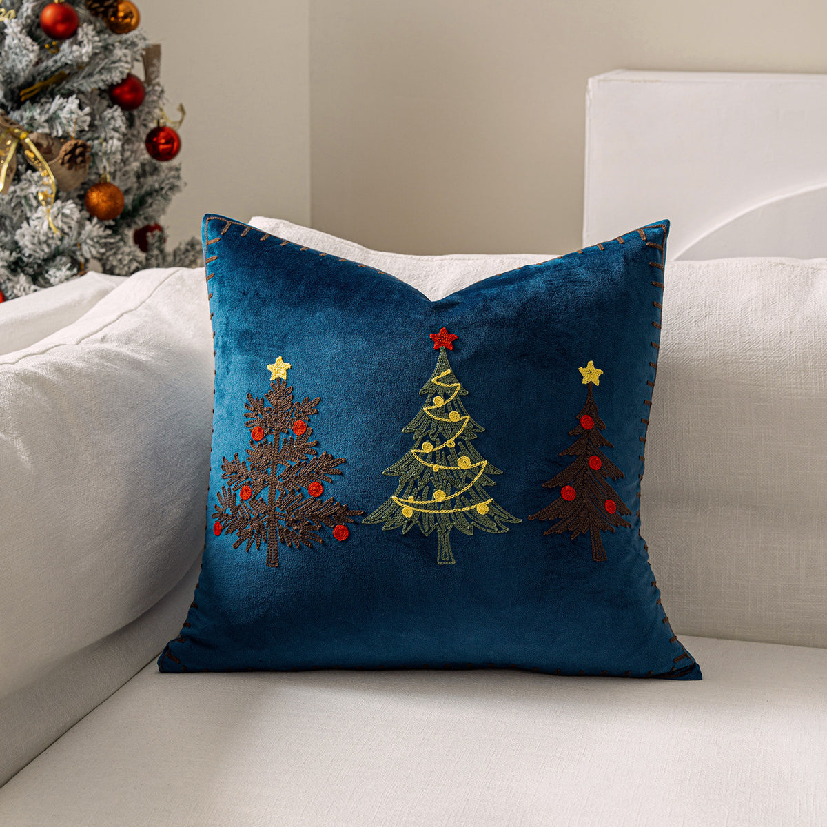 Christmas Tree Embroidered Throw Pillow Cover 18x18in