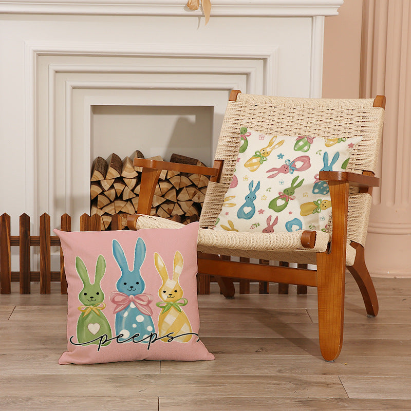 Easter Bunny Egg Print Linen Throw Pillow Cover 18x18