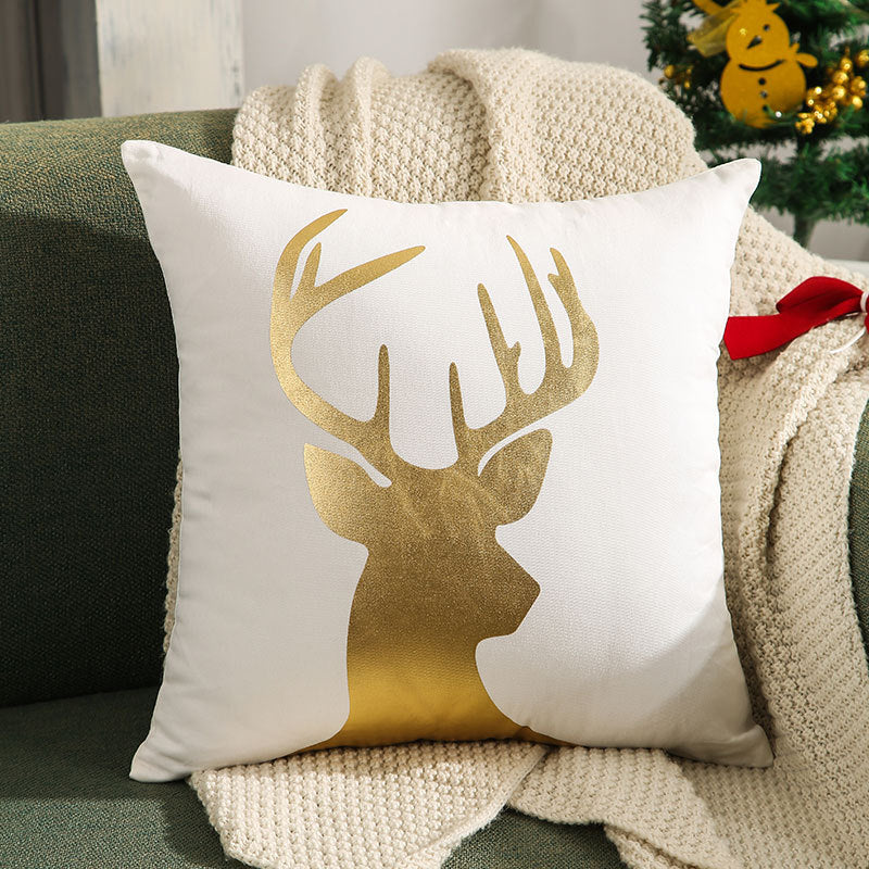 Christmas Reindeer Pillow Cover Gold Foil Tree 18x18 in