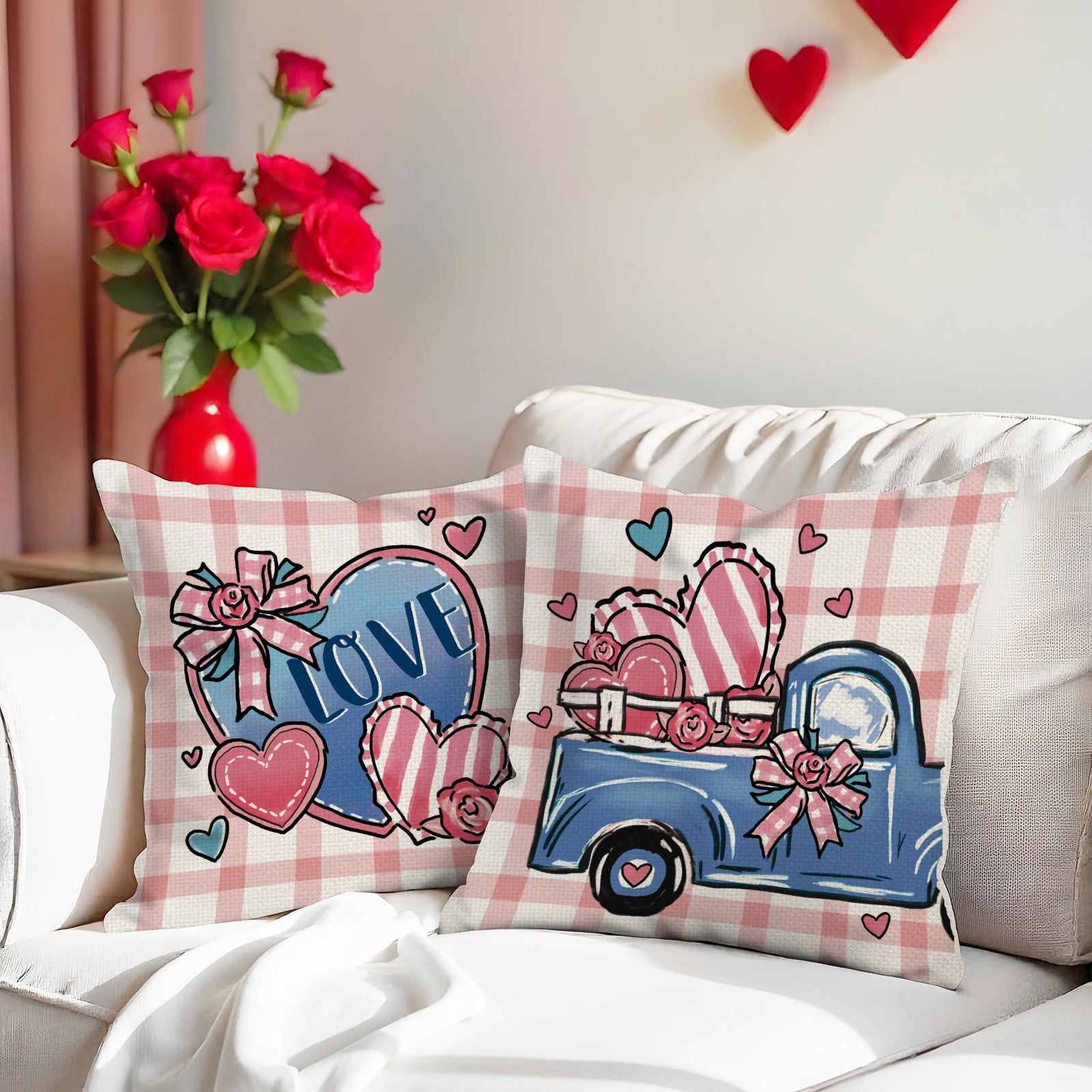 Pink Love Throw Pillow Covers Valentines Truck & Heart Decor