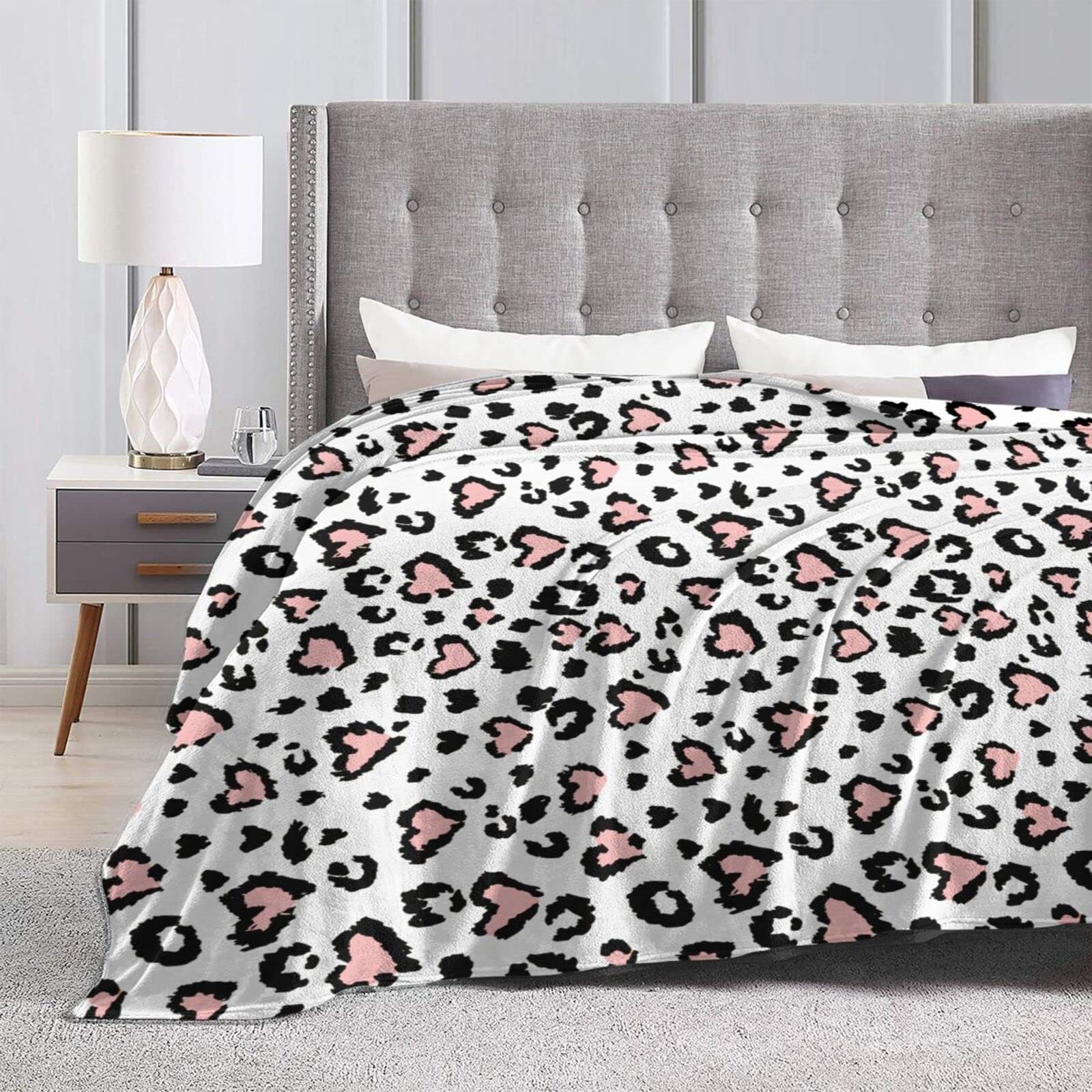 Valentine Leopard Heart Flannel Throw Blanket Soft Cozy