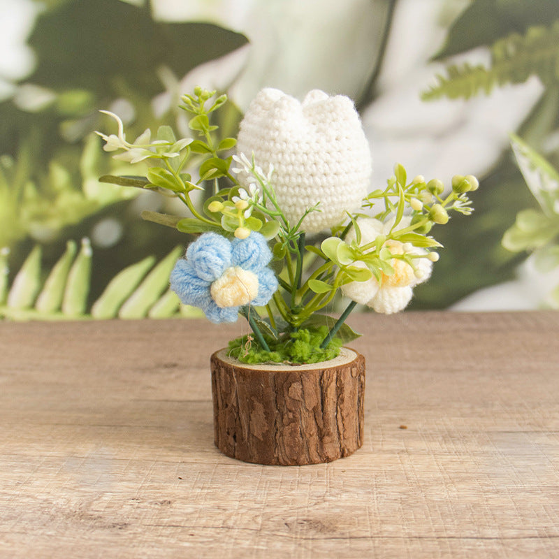 Crochet Tulip Flower Pot Handmade Wooden Base Decor
