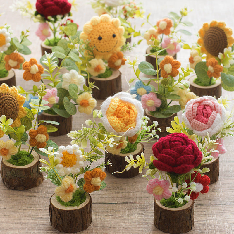 Crochet Daisy Rose Flower Pot Handmade Gift Decor