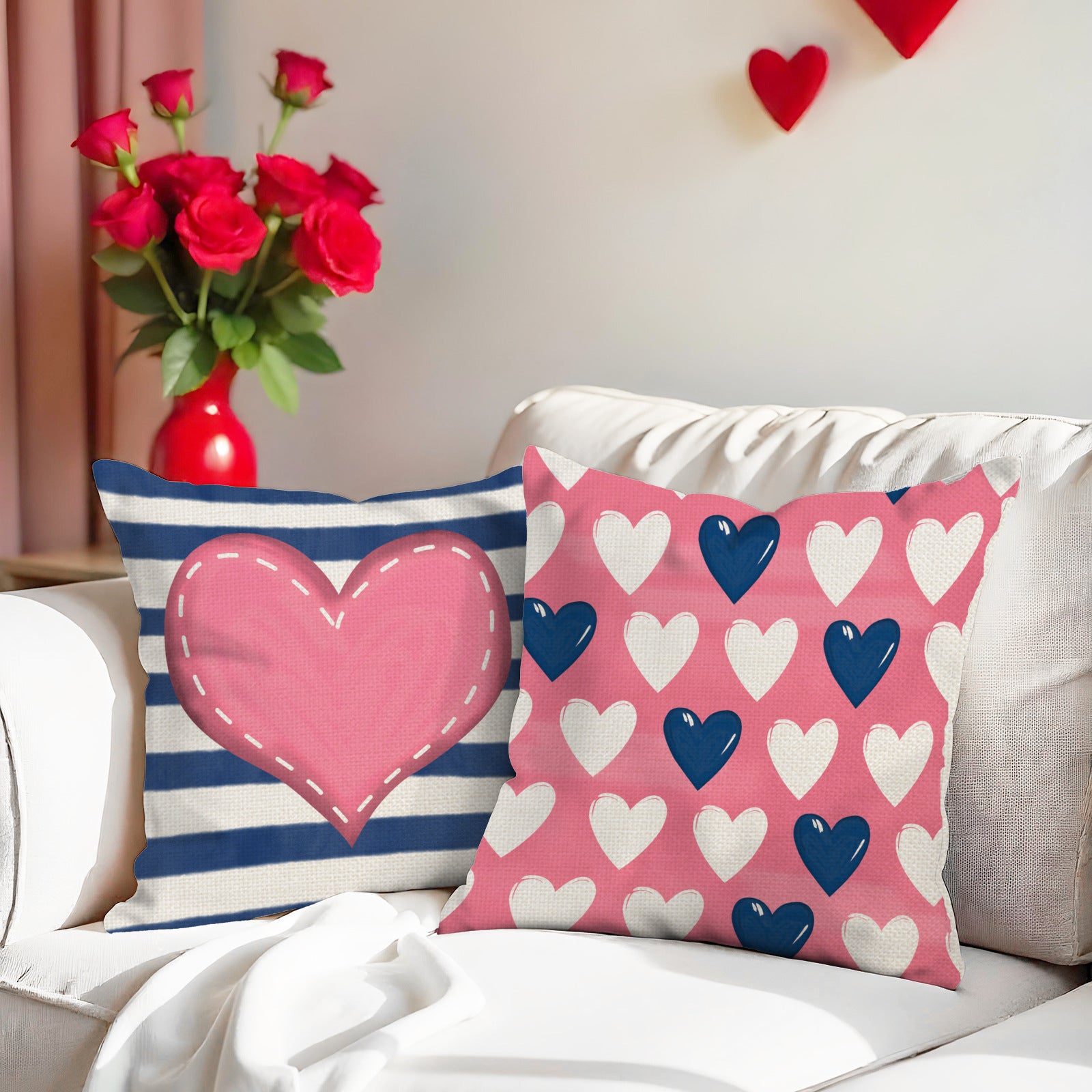 Pink Blue Heart Plaid Valentine Pillow Cover for Couch Decor