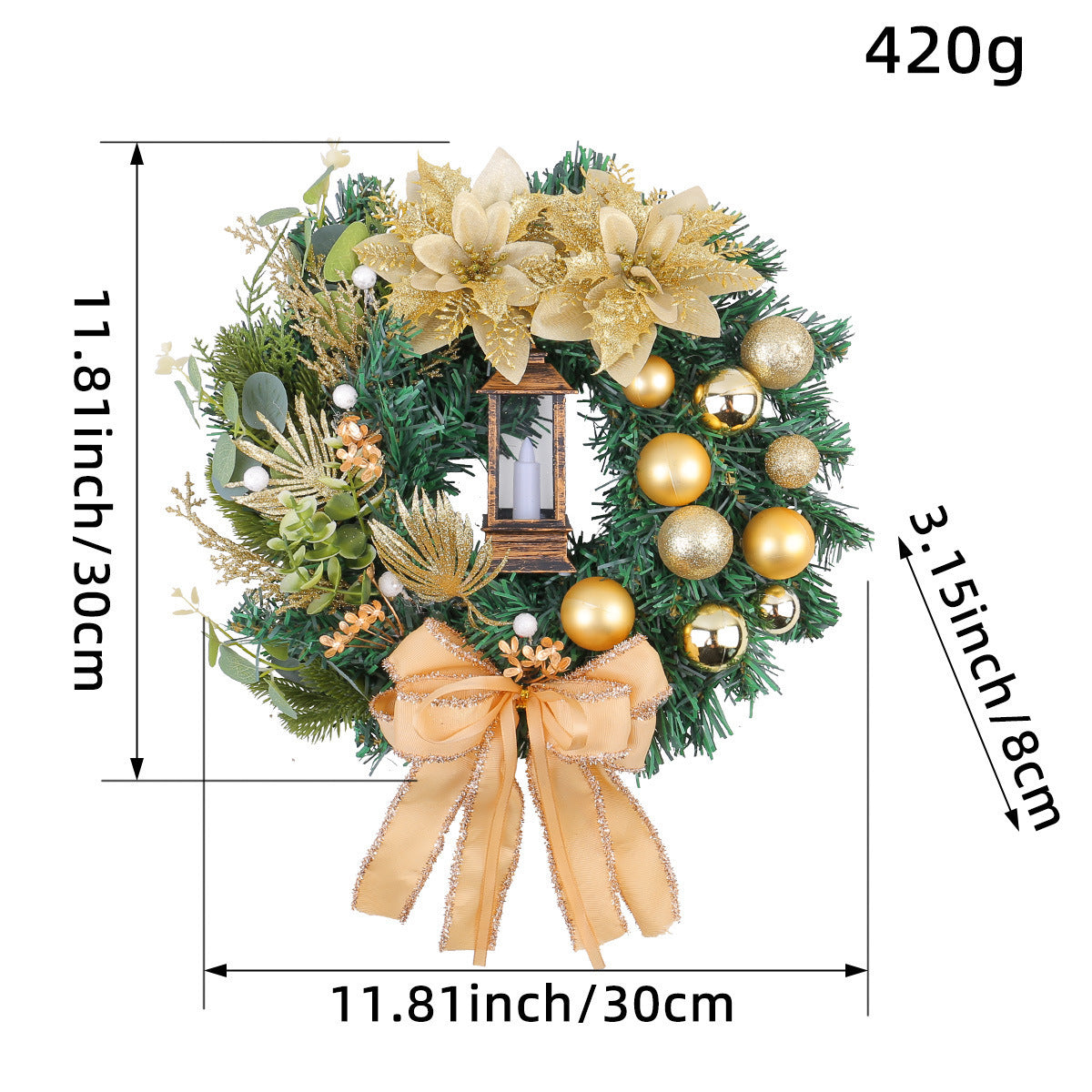 Christmas Wreath with Red Bow and Ornaments Door Decor