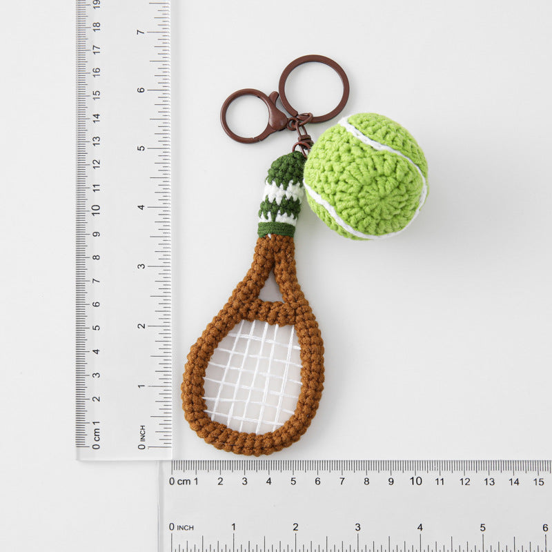 Crochet Tennis Racket Shaped Keychain Sporty Ball Bag Charm