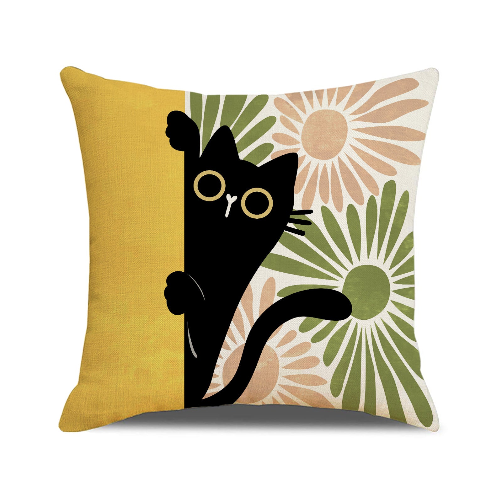 Nordic Black Cat Throw Pillow Cover with Botanical Print
