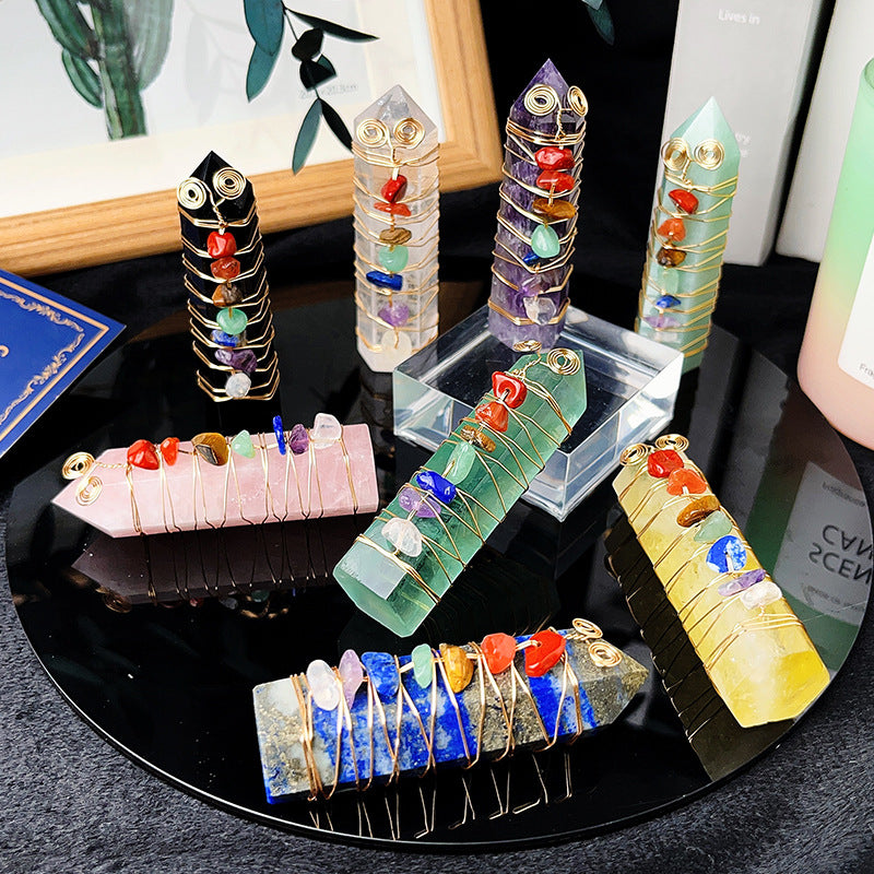 Crystal Stone Column Decor with Colorful Chips and Metal Wire