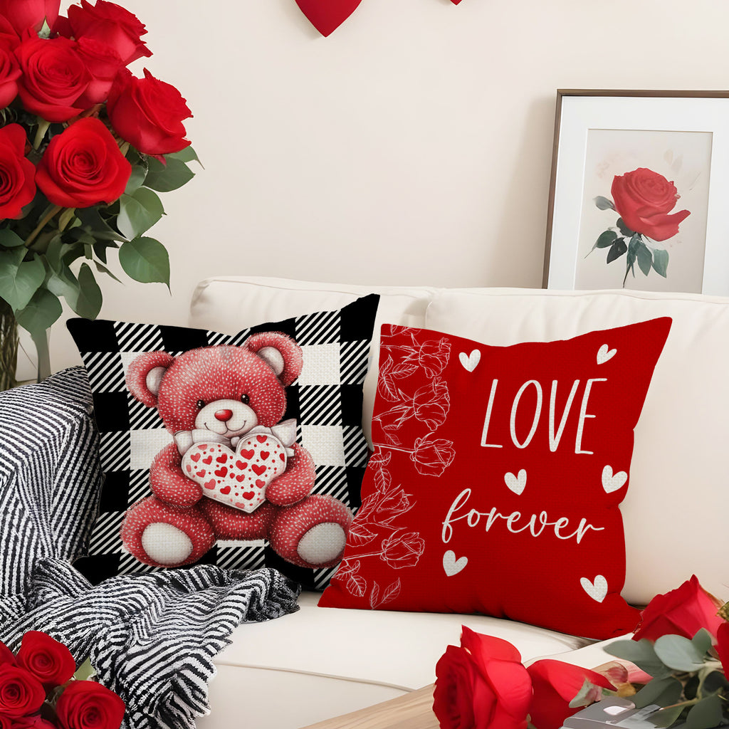 Valentine Plaid Bear Heart Basket Pillow Cover Set