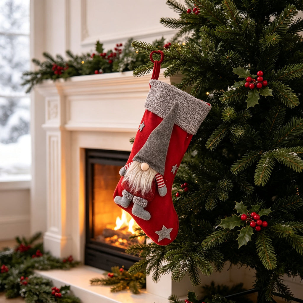 Fabric Gnome Christmas Stocking Hanging Decoration