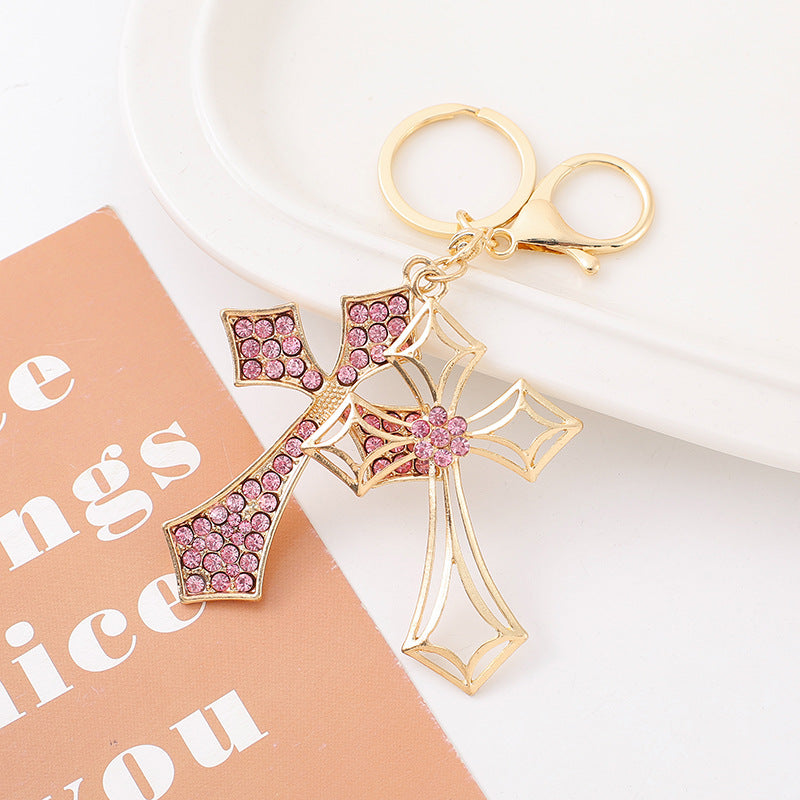 Rhinestone Double Cross Keychain Metal Bag & Car Charm