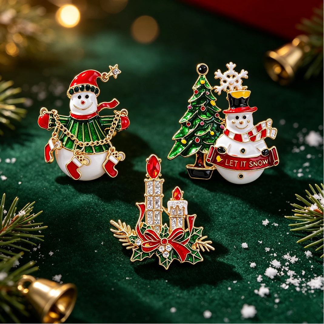 Christmas Snowman Candle Enamel Brooch Pin Holiday Jewelry
