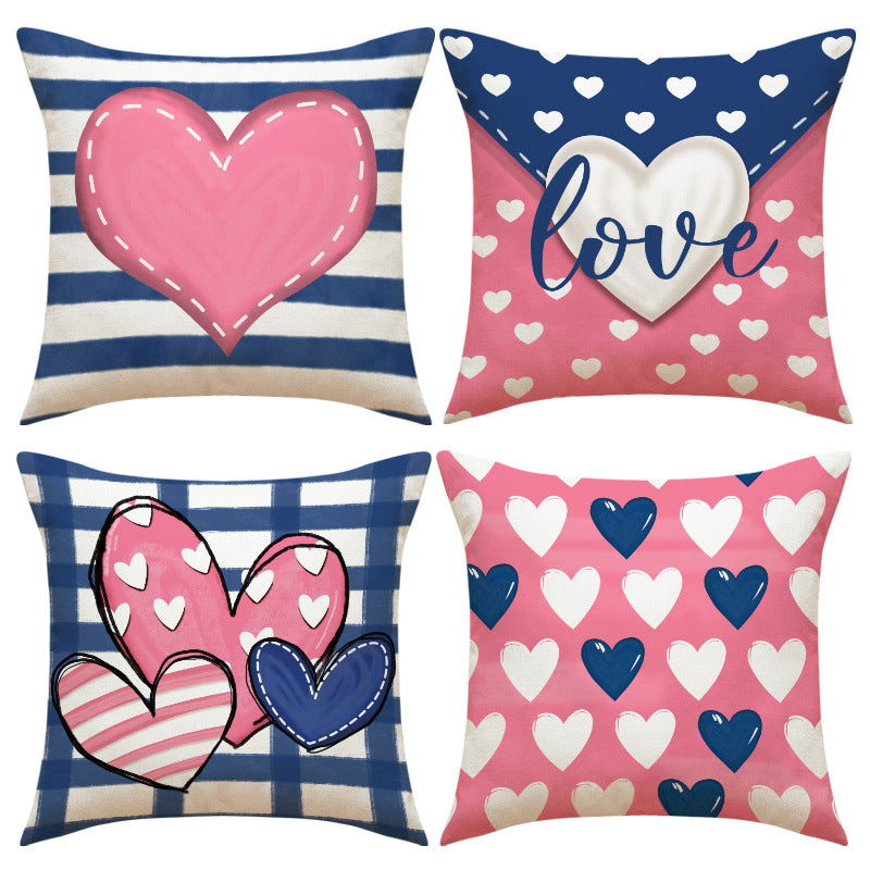 Pink Blue Heart Plaid Valentine Pillow Cover for Couch Decor
