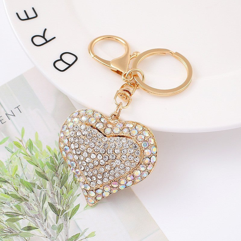 Rhinestone Heart Keychain Gold Metal Bag & Car Charm